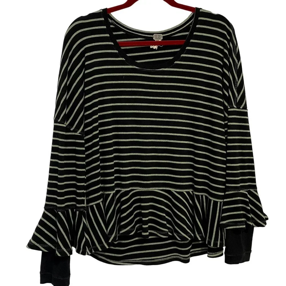 Free People We the Free Round About‎ Striped Top Black and Green Size M